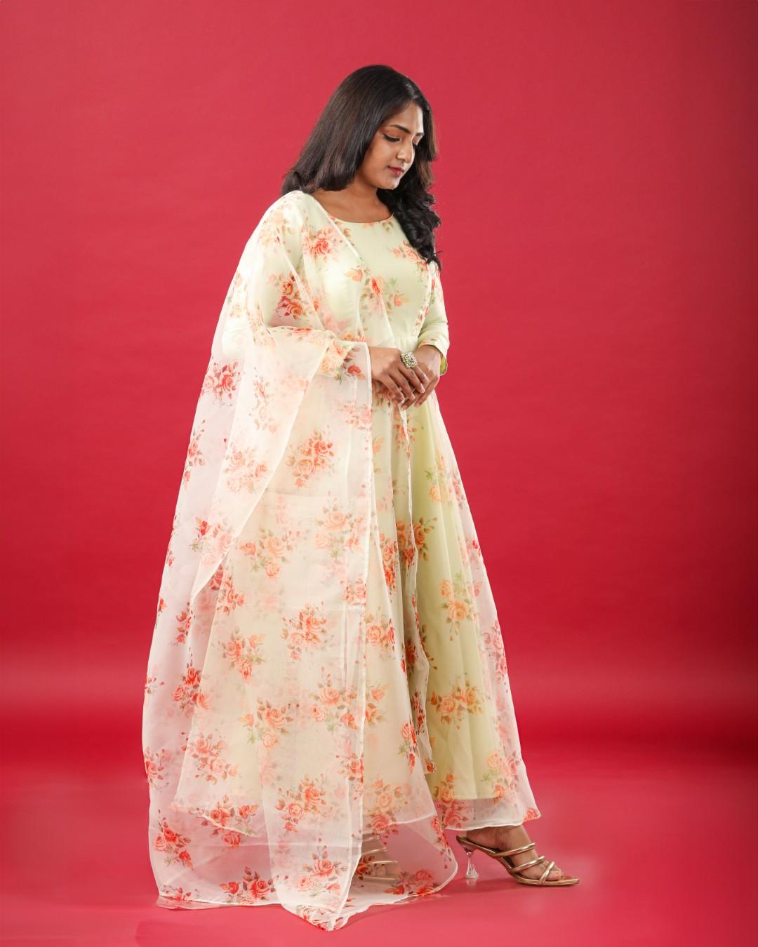Elegant Floral Organza Anarkali with Matching Dupatta