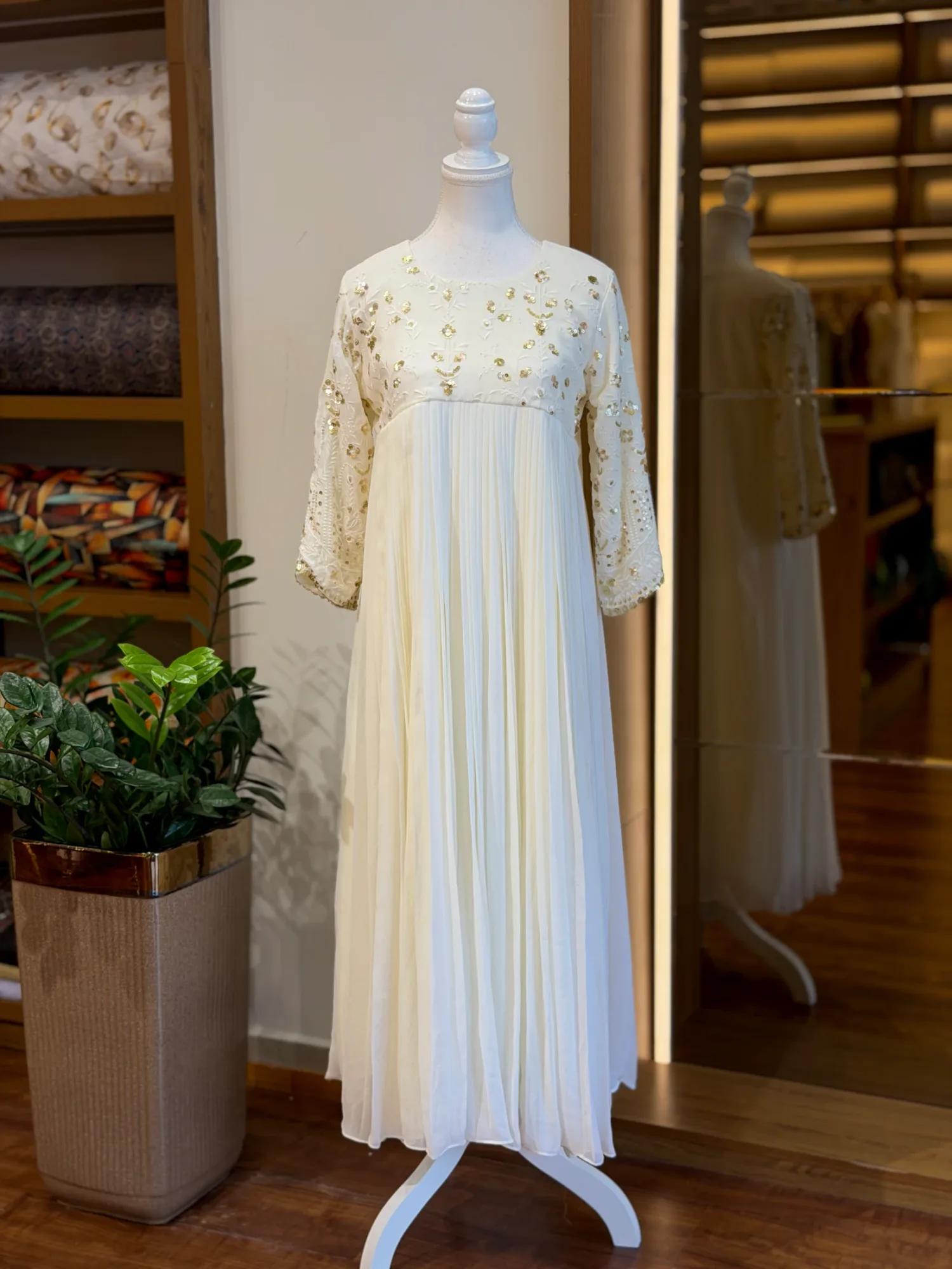 Milky White Georgette Pleated Dress