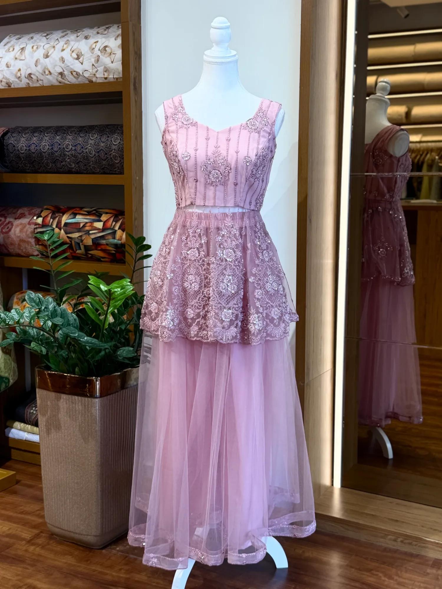 Rose Pink Stone Work Designer Skirt Set