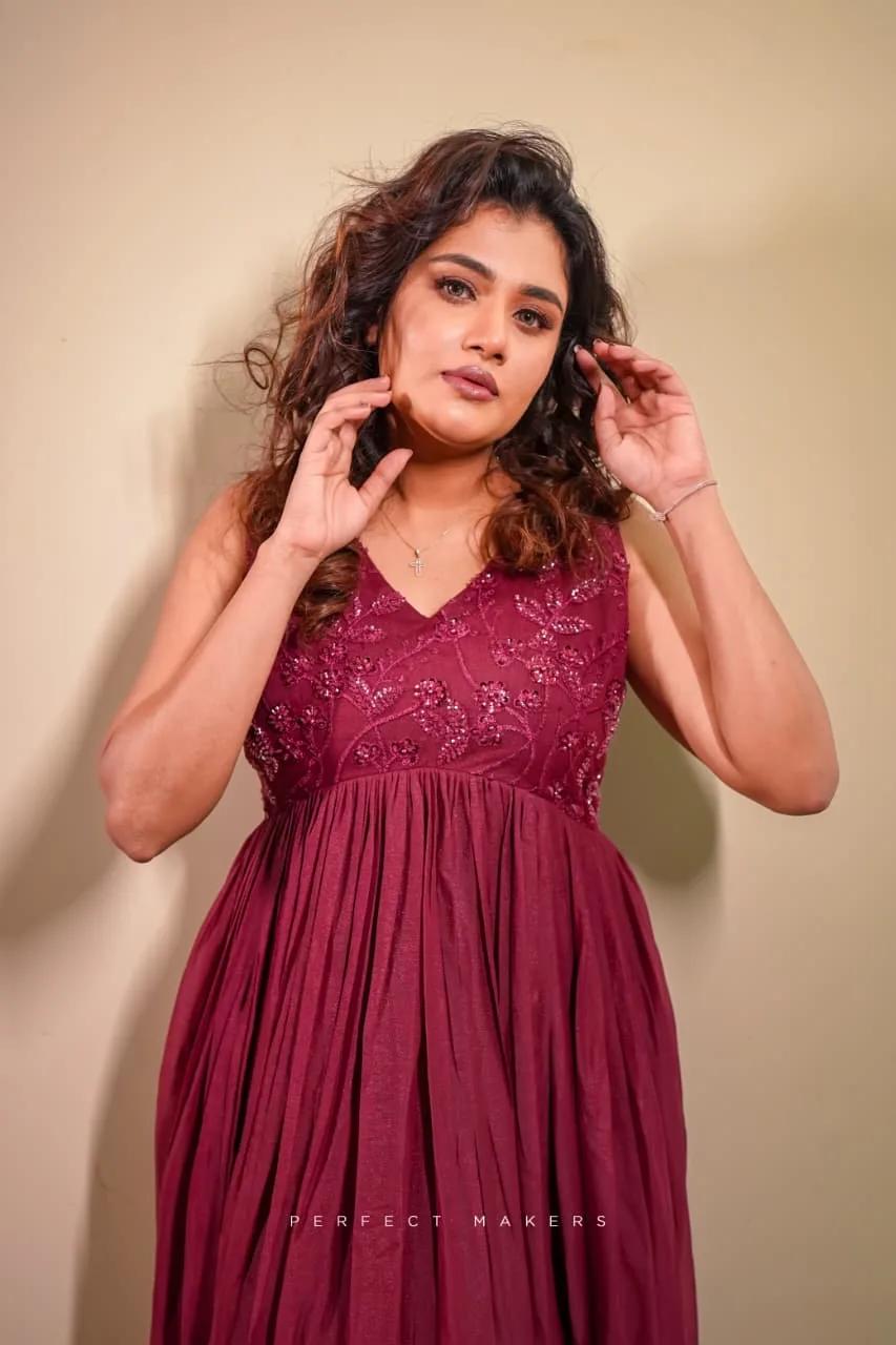 Wine Handwork Gathered Gown