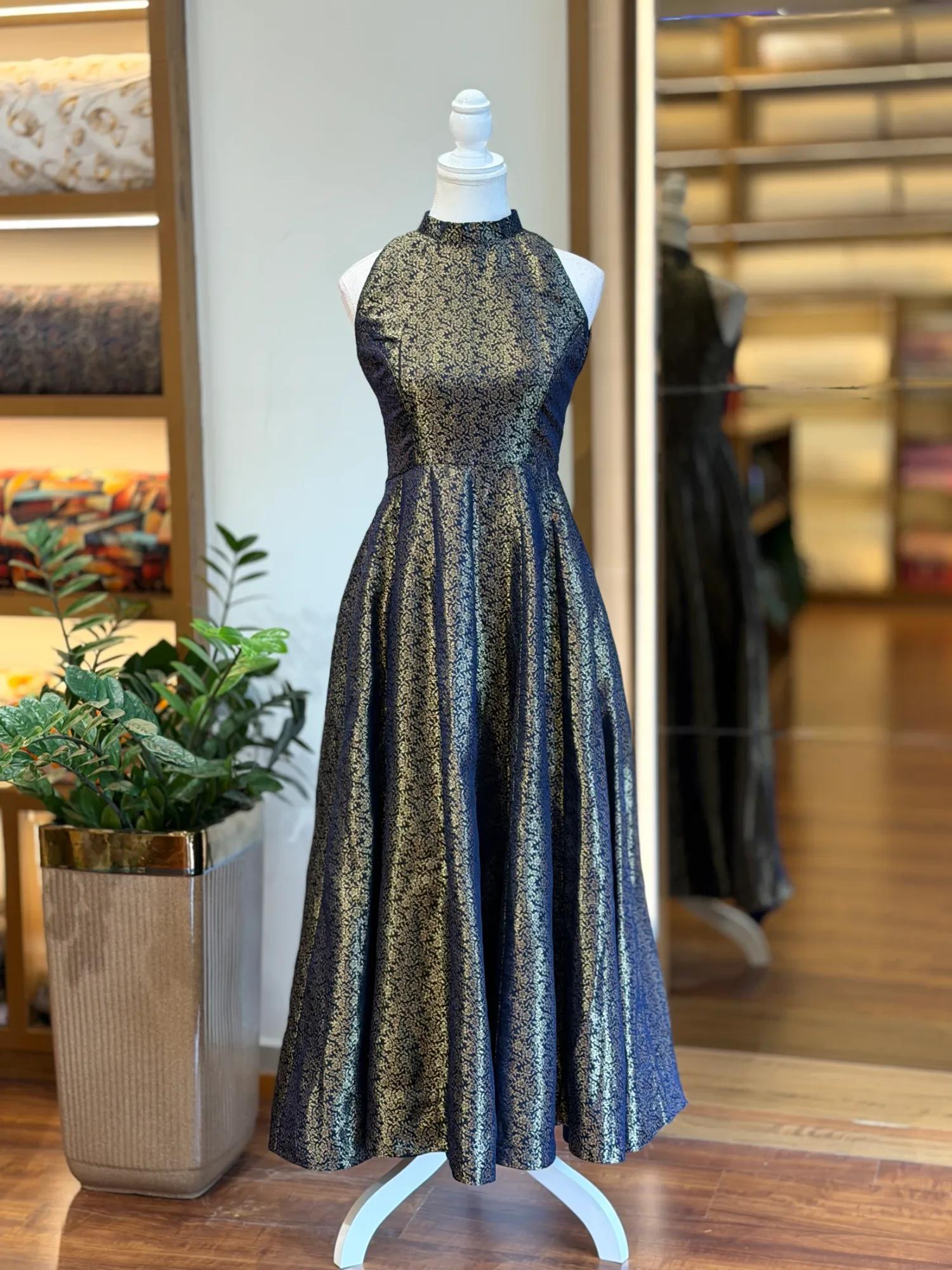 Midnight Blue & Antique Gold Banarasi Brocade Panel-Cut Gown