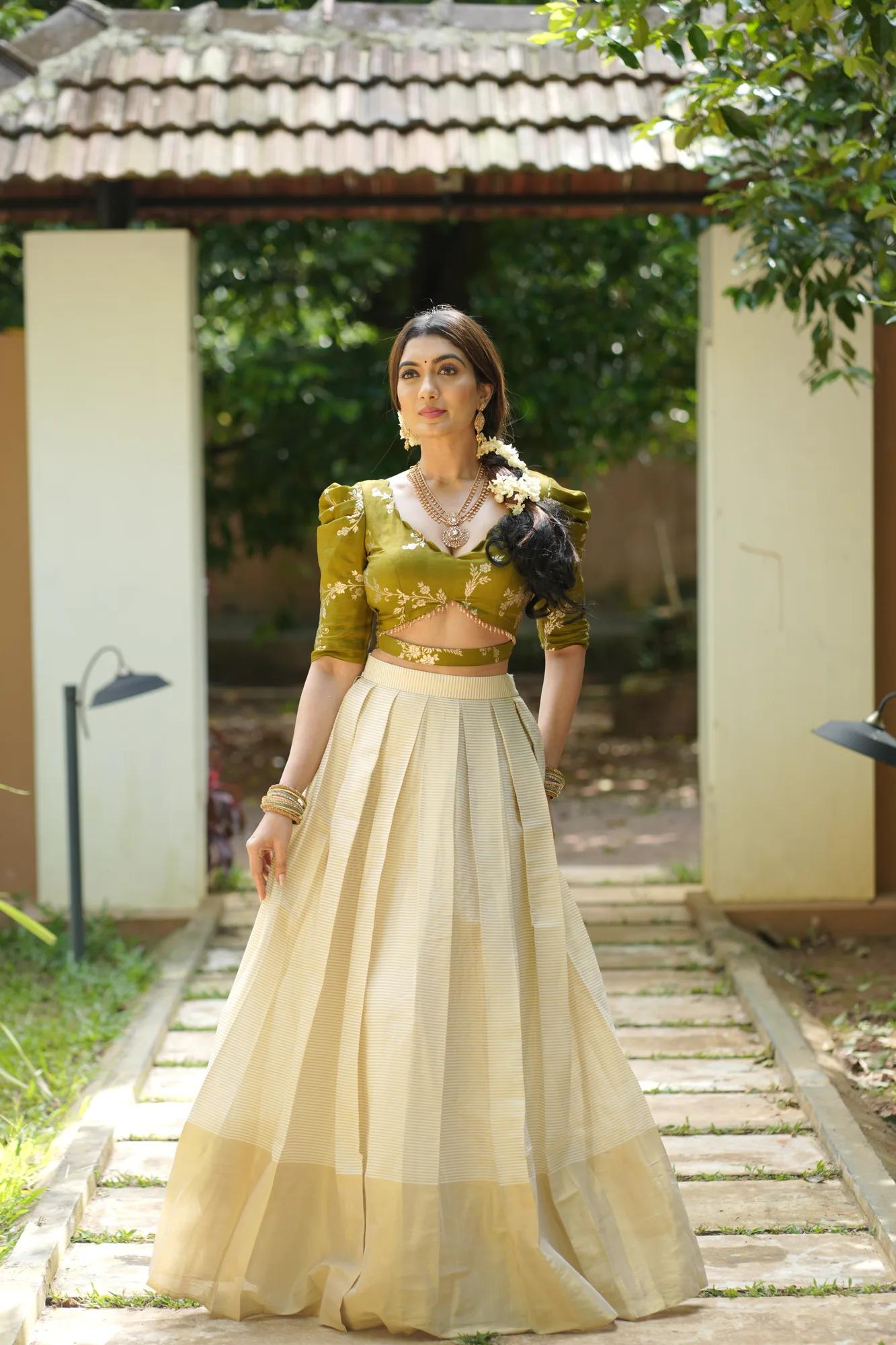 Olive Green Banarasi Blouse with Kerala Pleated Skirt