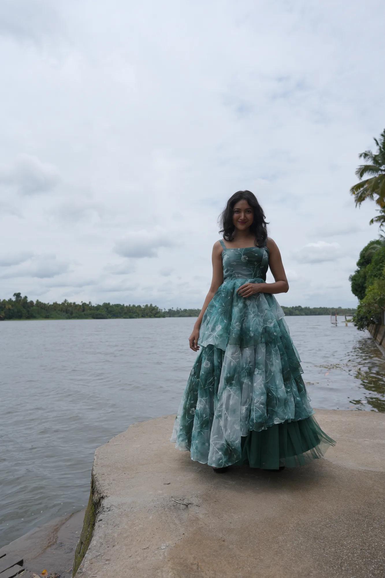 Emerald Mist Organza Layered Gown