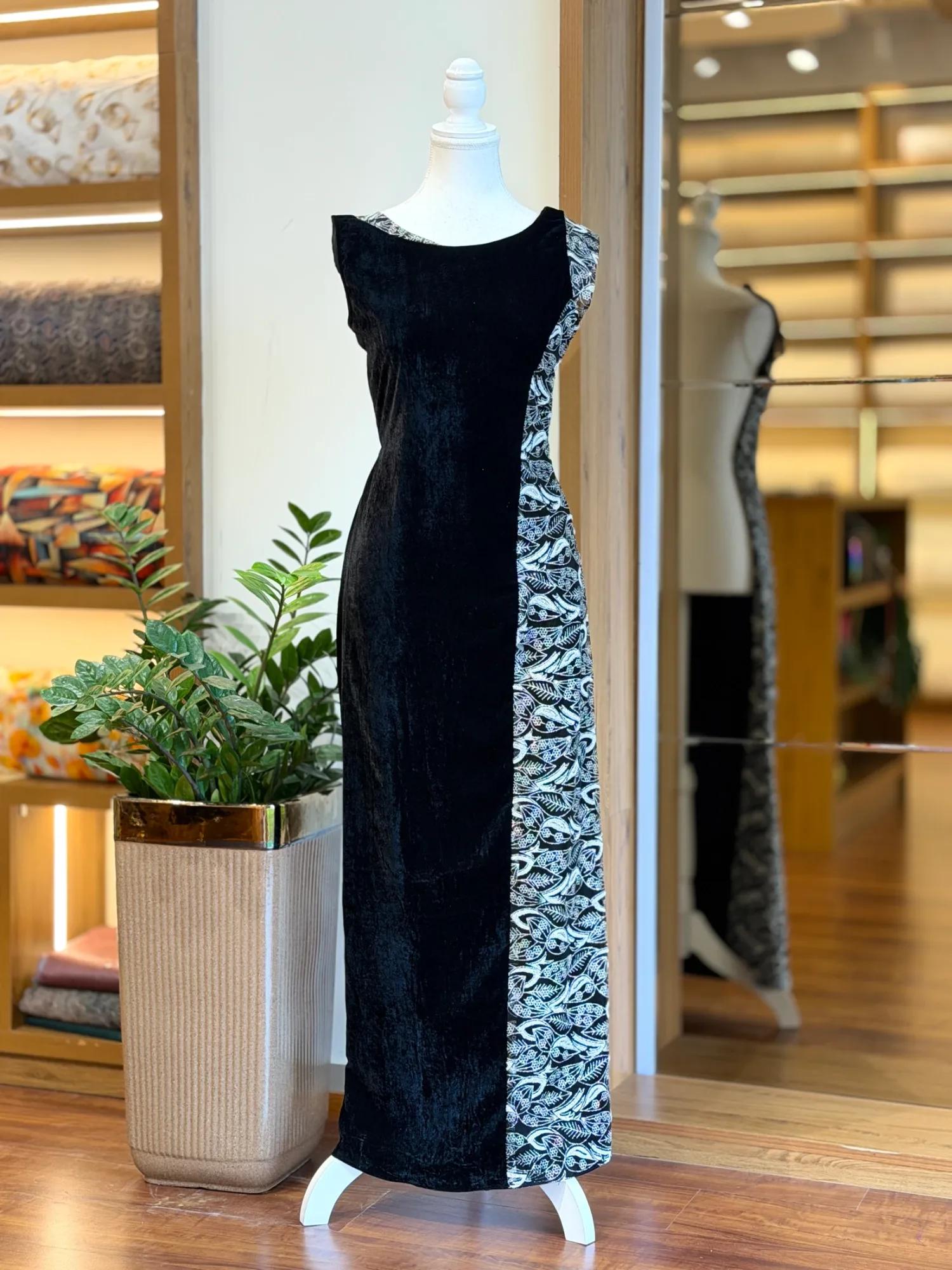 Black Velvet Silver Handwork Fish-Cut Dress