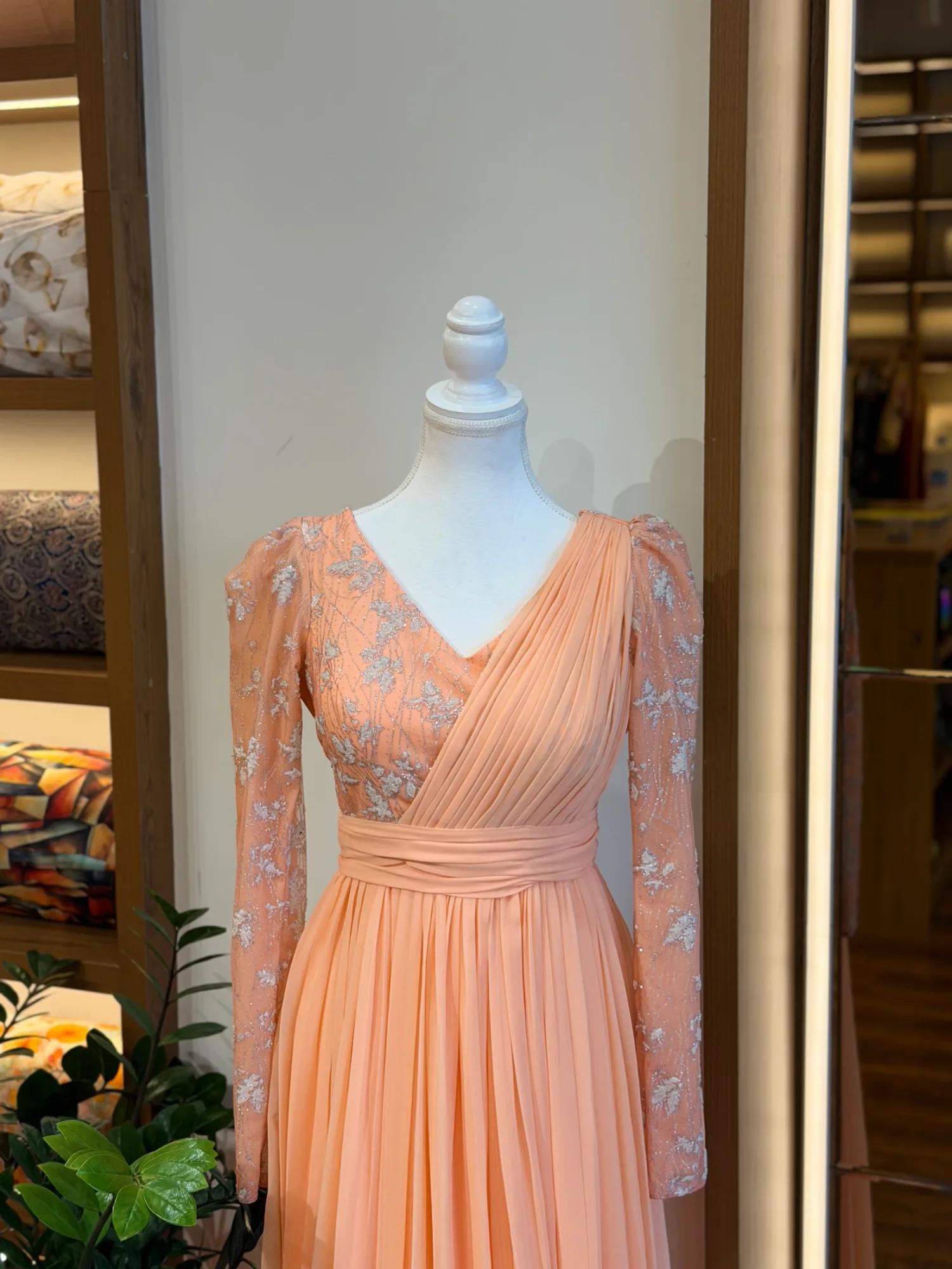 Peach Draped Gown – Premium Floor-Length Dress