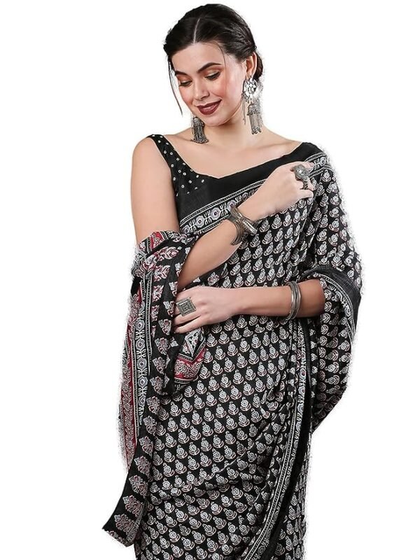 Ajrak Block Print Dola Silk Saree With Unstitched Blouse Piece